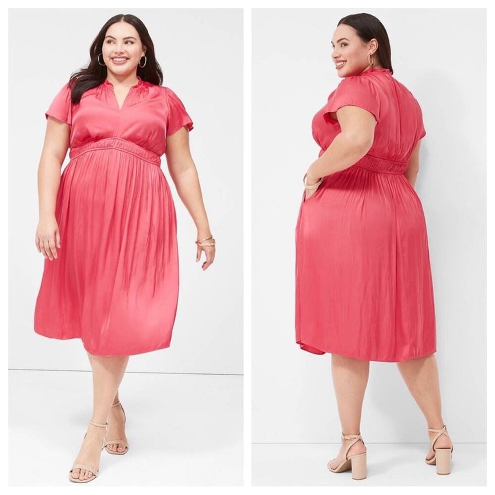 NEW Lane Bryant Satin Flutter Sleeve Ruffle V-Neck Midi Dress in Pink - Size 16
